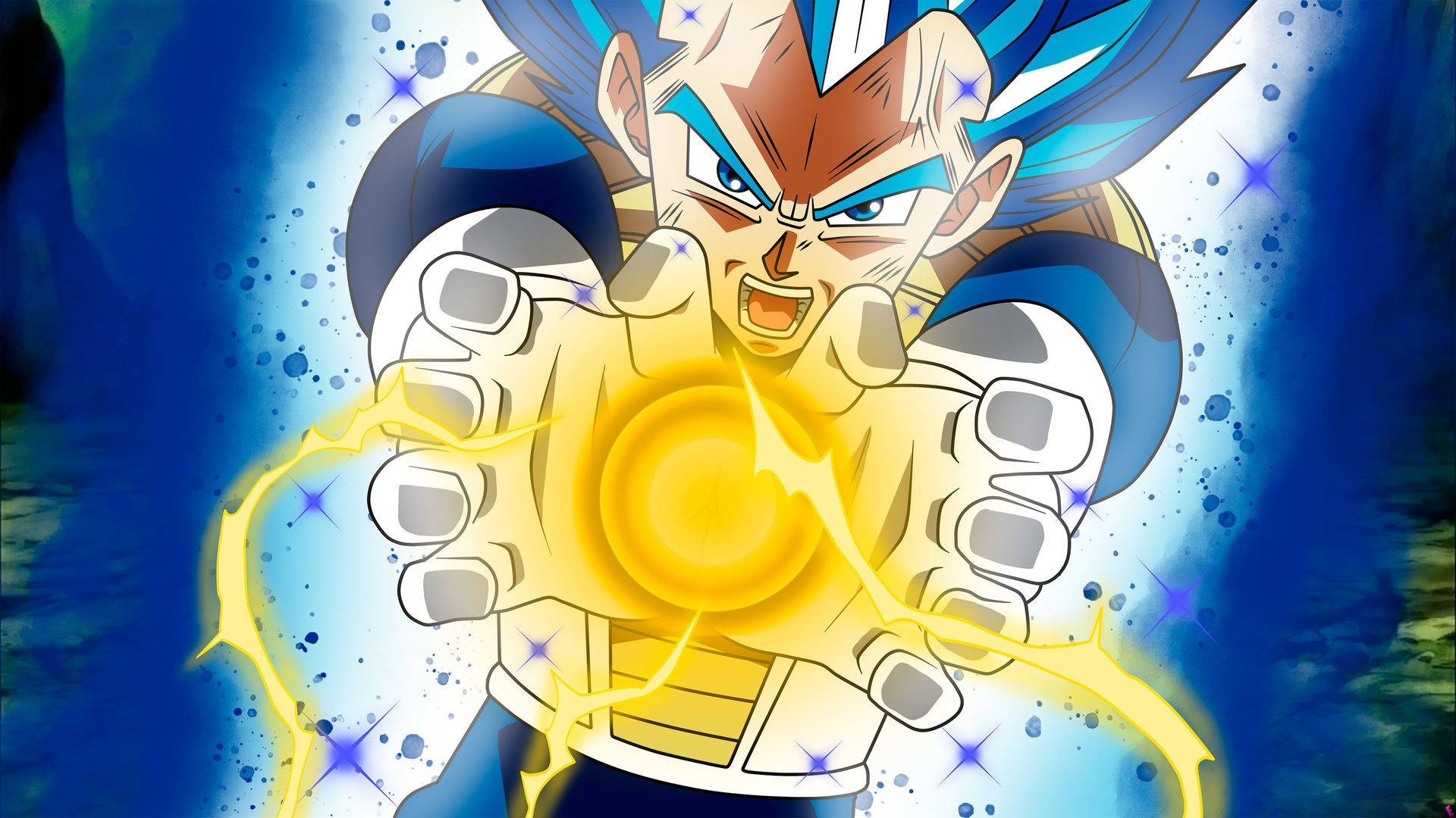 Vegeta 發動「閃耀射線」 壁紙 — 動畫角色比達在藍色宇宙背景下，以強烈表情引導發射發光的黃色能量爆炸。