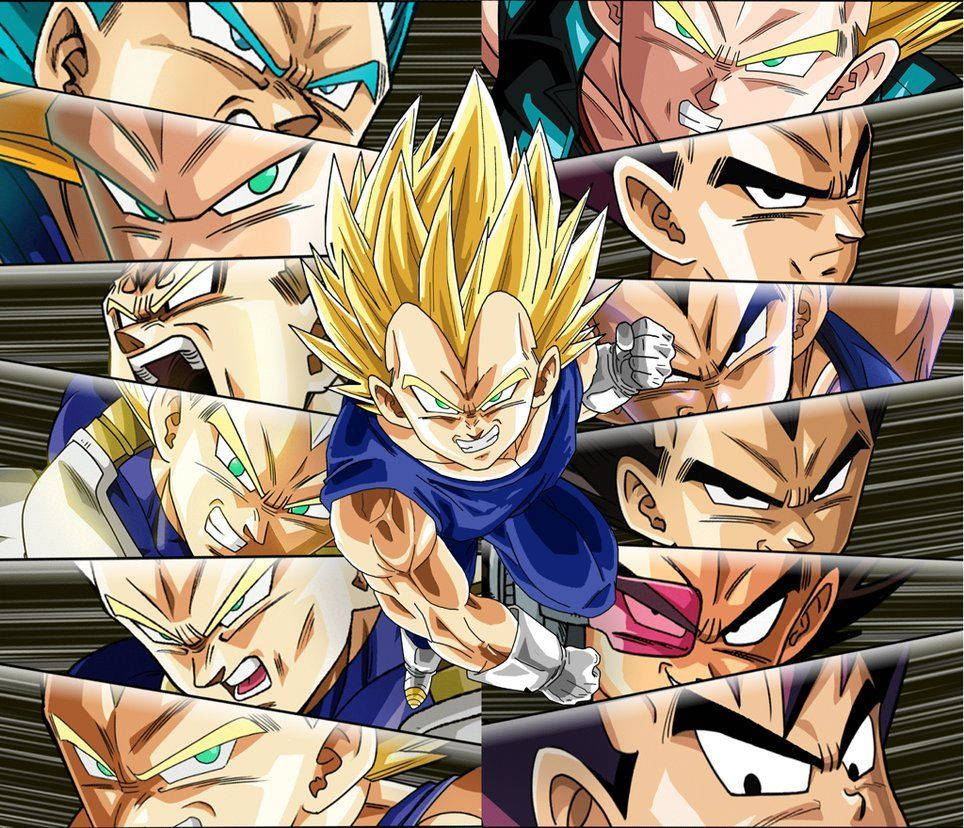 Vegeta 能量爆發！ 壁紙 — 比達超級撒亞人形態的動態動漫拼貼畫，帶有強烈的面部表情和動作線條。