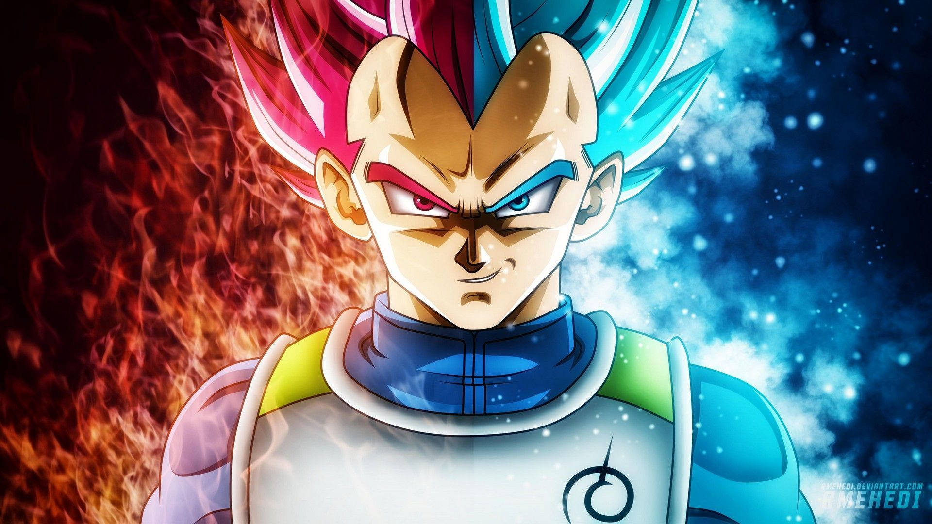 Vegeta 變身為超級賽亞人 壁紙 — 一個兇猛的動漫戰士，有著尖刺的粉紅色和藍色頭髮，站在火紅和宇宙藍色的星空背景下。
