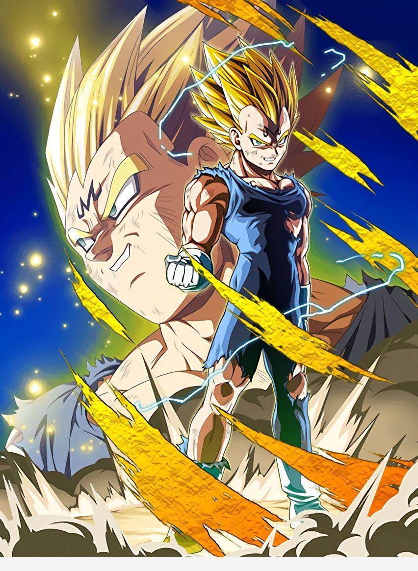 Vegeta 轉化為魔人狀態 壁紙 — 兩個超級撒亞人角色在星空下釋放金色能量爆炸，帶有動態運動線條。