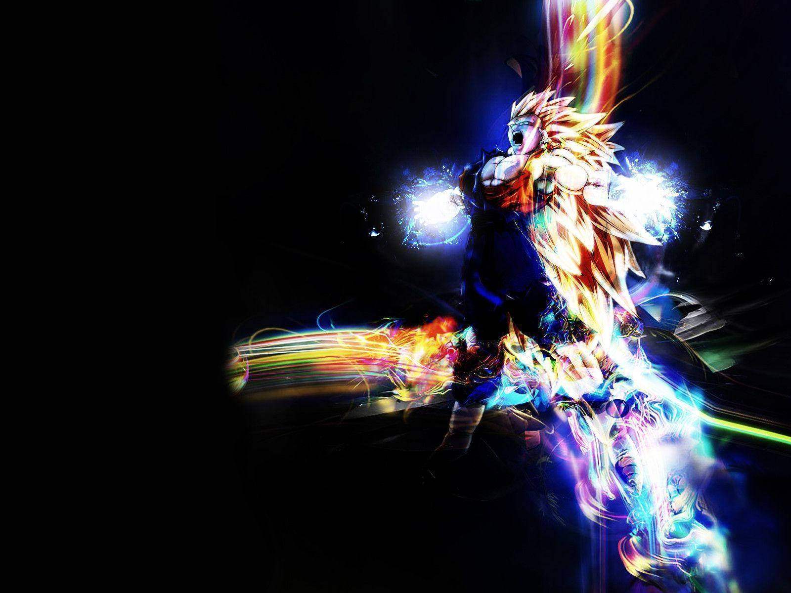 Vegito 超級賽亞人3模式 壁紙 — 一個發光嘅動漫戰士，頭髮尖尖，喺黑暗背景中釋放出充滿活力嘅能量爆炸。