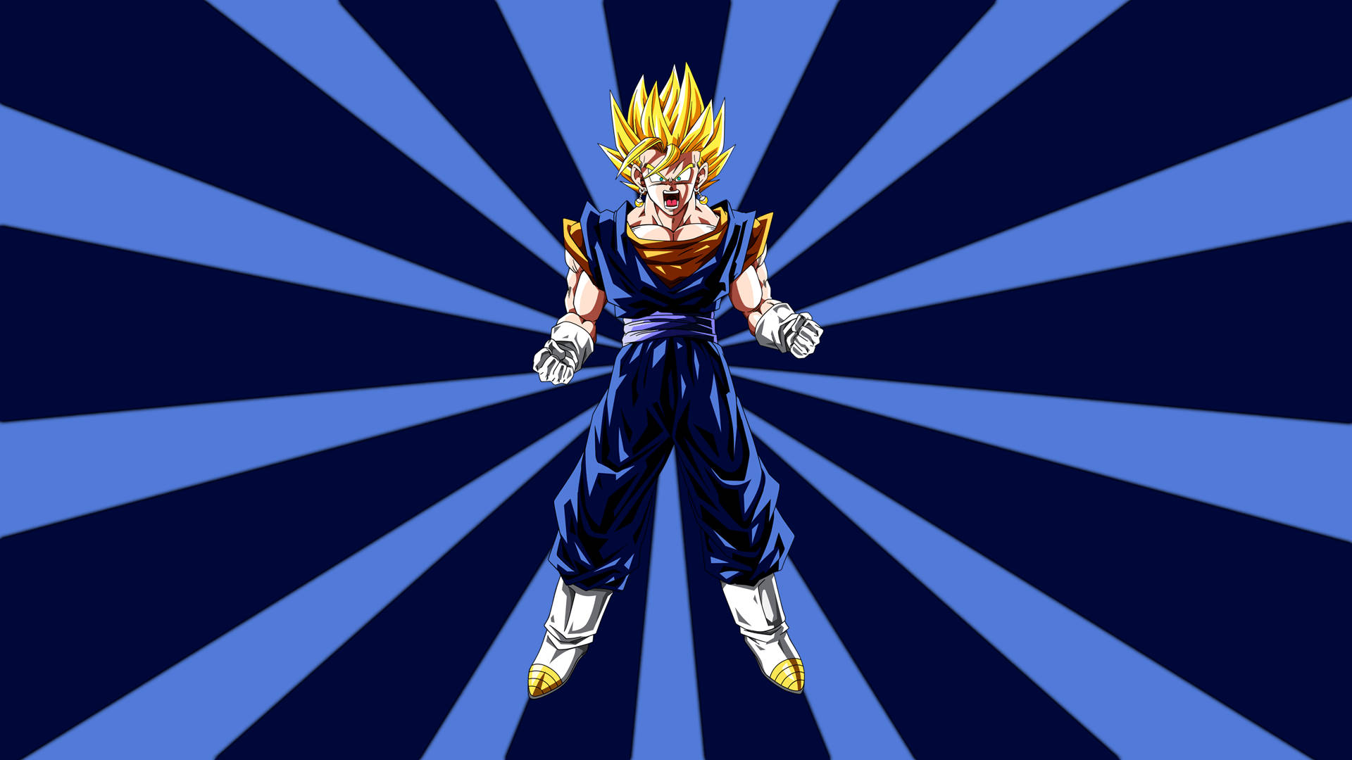 穿著藍色道服的金髮超級賽亞人角色，散發能量。