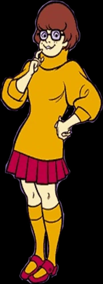 Velma Dinkley《Scooby-Doo》角色 壁紙 — Scooby Doo 的朋友 Velma 自信地站在黑色背景前，穿著她標誌性的黃色高領毛衣和紅色裙子。
