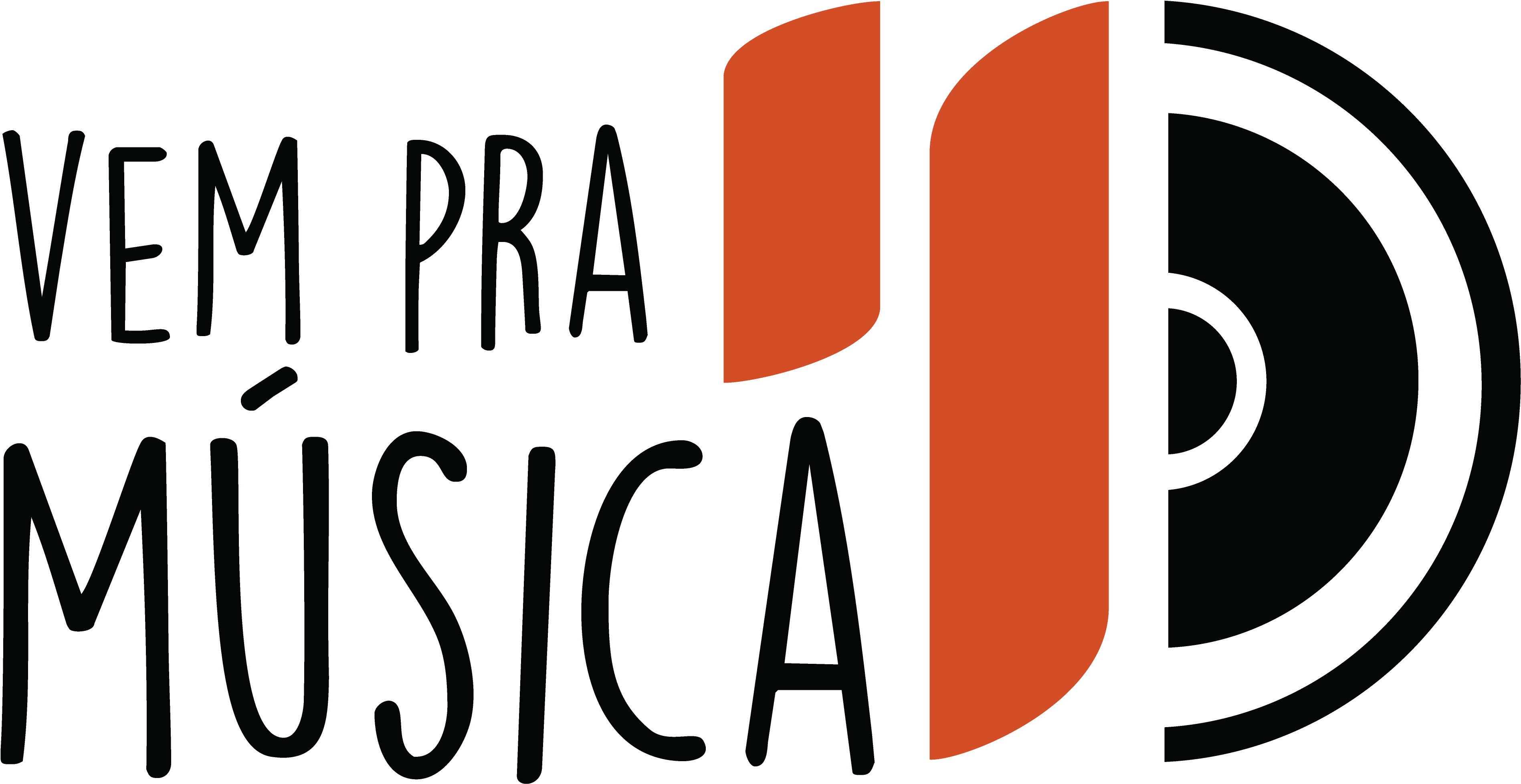 Vem Pra Música 標誌 壁紙 — 大膽的橙色幾何形狀與黑色背景上深灰色文字「VEM PRA MÚSICA」形成對比。