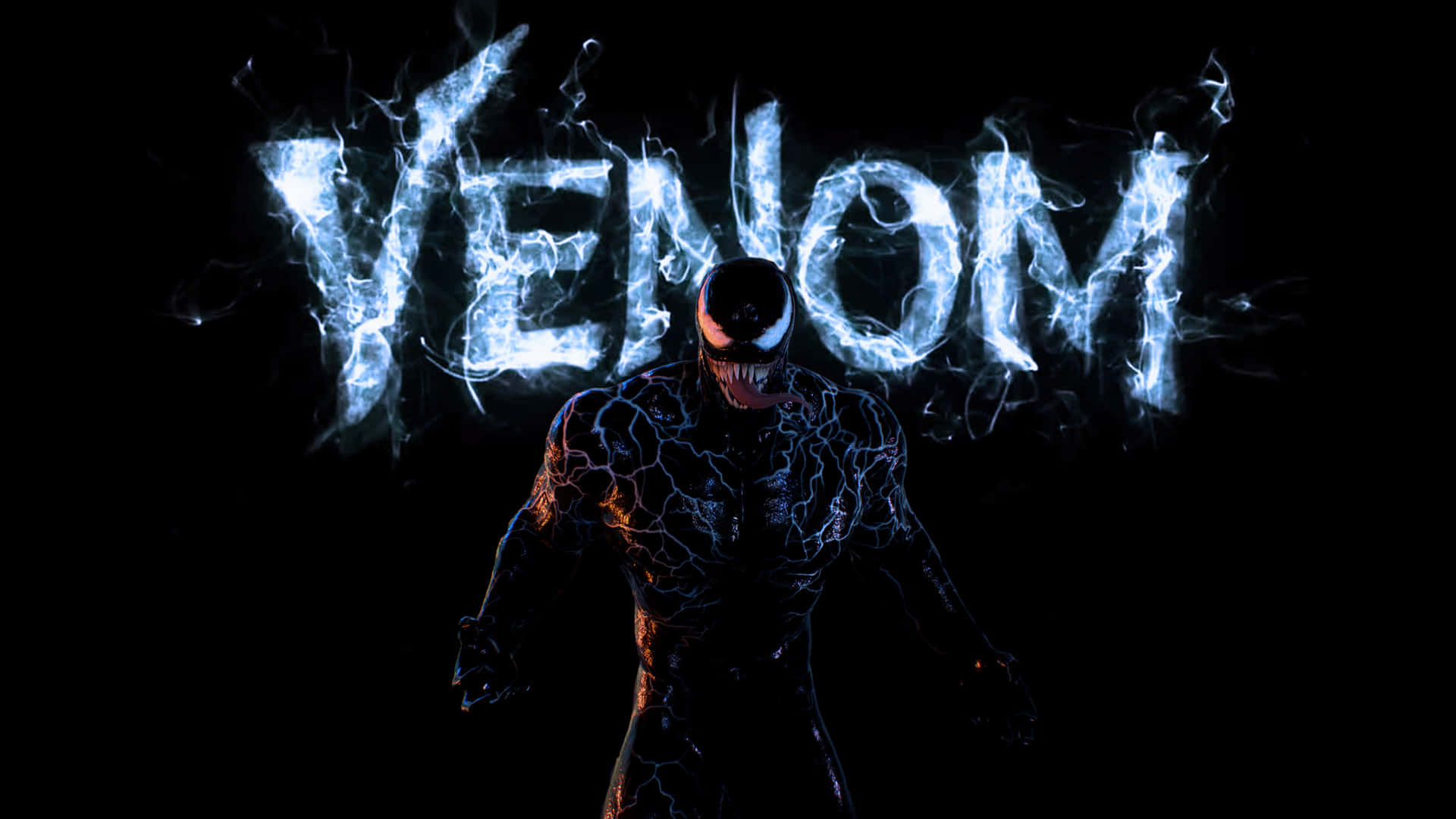 Venom 超級英雄，身後有電光藍色閃電形成他的名字