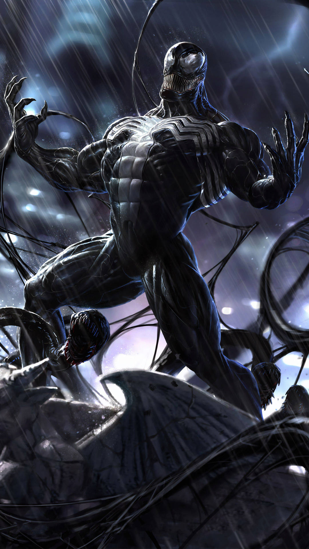 Venom 穿著黑色共生體套裝站在暴風雨中，觸手在他周圍旋轉。