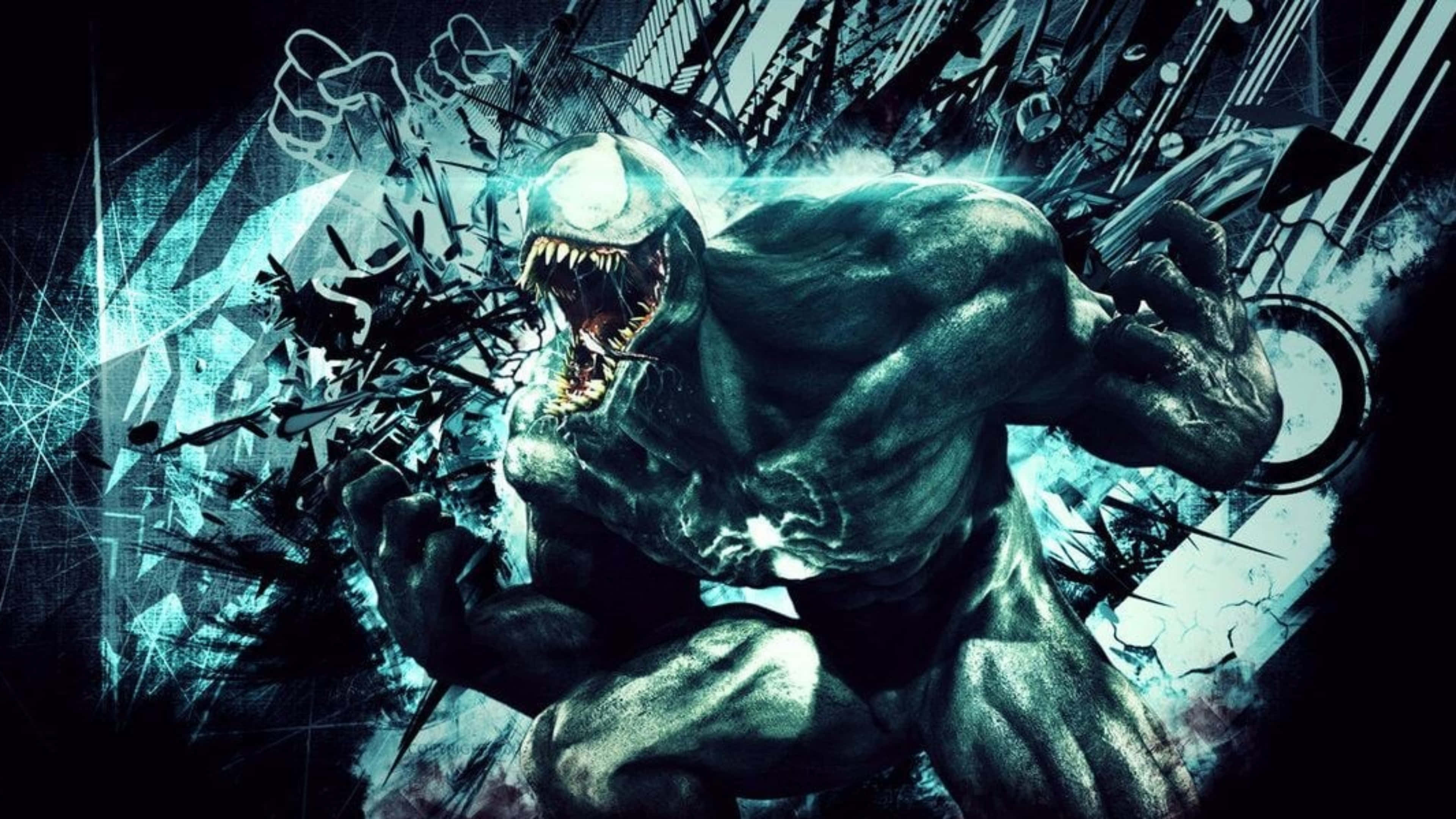 4K Marvel 壁紙 桌布 壁紙 — Venom 咆哮著，爪子伸向破碎的玻璃背景，呈現動態漫畫風格。