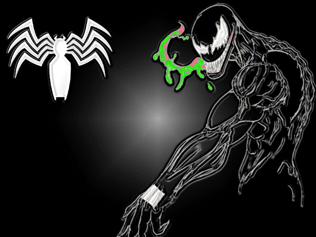 Scary Venom 桌布 壁紙 — Venom 喺黑色背景上威脅性地撲向前面，旁邊有一個白色嘅蜘蛛俠標誌發光。