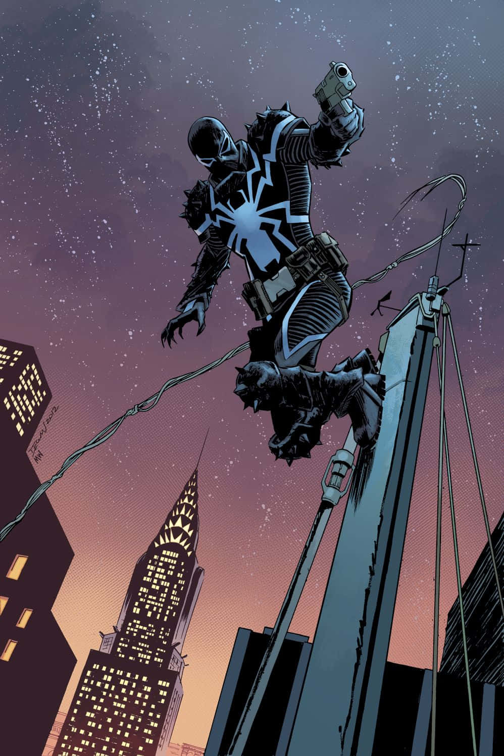 Flash Thompson 桌布 壁紙 — Venom 在摩天大樓之間跳躍，背景是繁星點點的暮色天空，下方是閃爍的城市燈光。