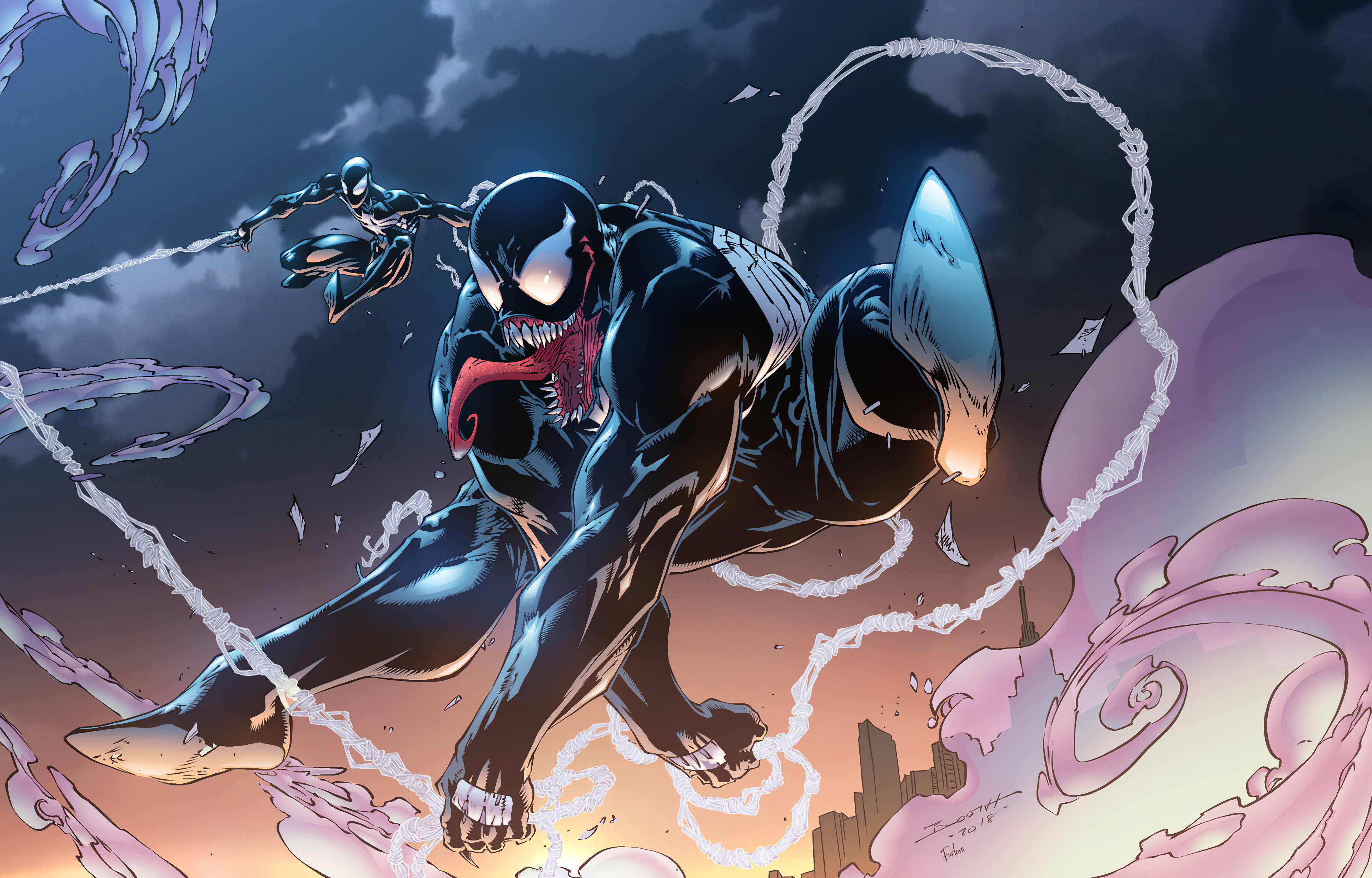藝術 桌布 壁紙 — Venom 在暴風雨中動態跳躍，而蜘蛛俠在旋轉的紫色能量觸手附近擺盪。