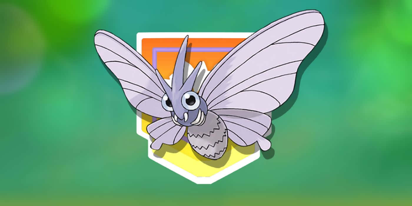 綠色背景上的 Venomoth 壁紙 — 一隻卡通飛蛾，大眼睛，翅膀展開，坐在色彩繽紛的盾牌上，背景是柔和的綠色。