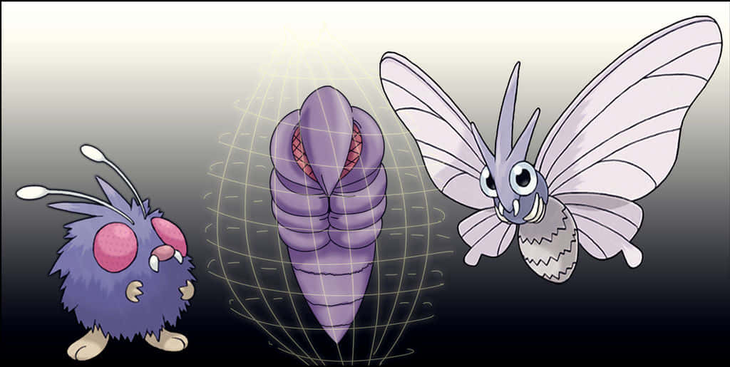 Venonat、Venomoth與怪異生物 壁紙 — 三個 Pokémon 進化階段顯示在發光網格中，背景為深色漸變。