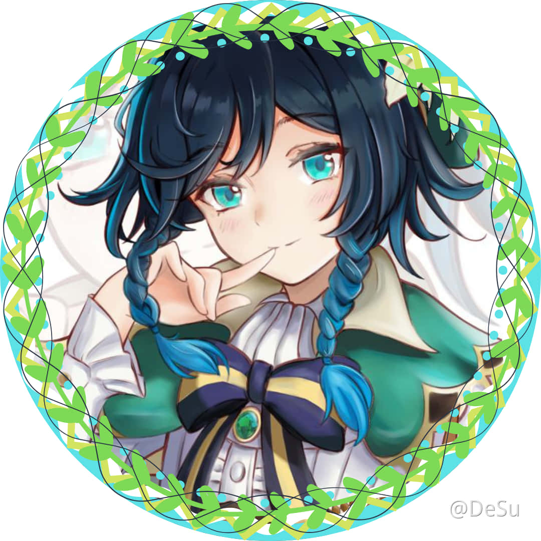 原神Venti Discord頭像 壁紙 — 一個開心的動漫女孩，藍色辮子、綠色眼睛，微笑著將手指放在唇邊，被一個樹葉花環框住。