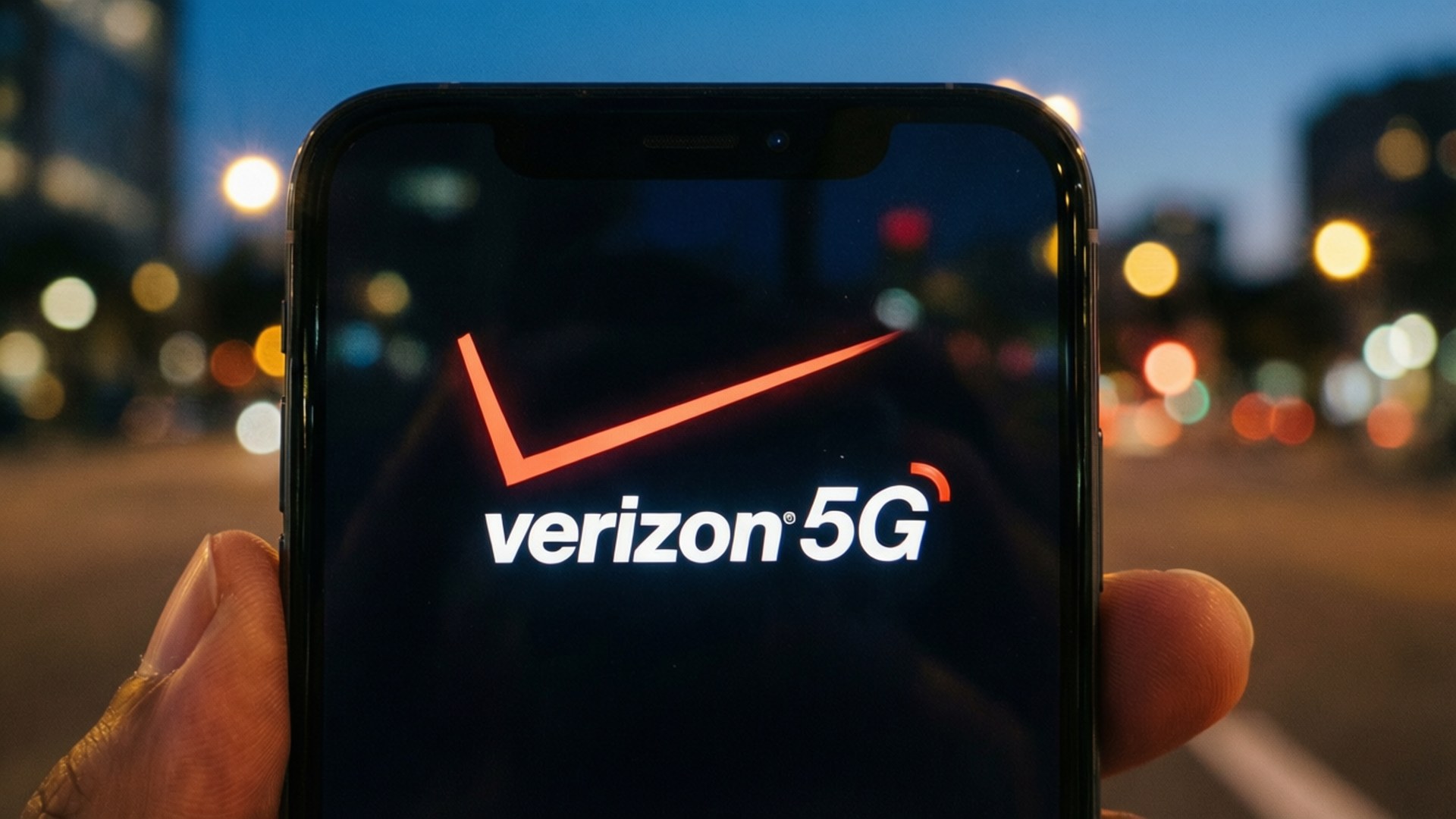 手拿著手機，在夜間顯示 Verizon 5G 標誌，背景有城市燈光