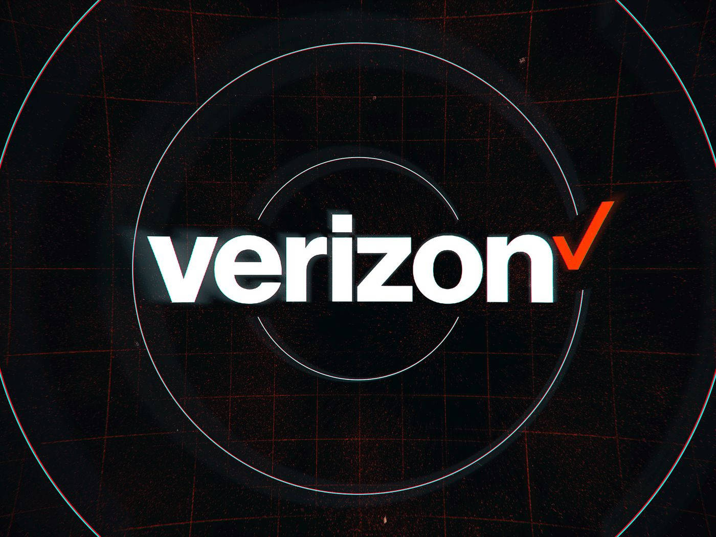Verizon Droid 標誌 壁紙 — Verizon 標誌以白色和橙色居中顯示在深色網格背景上，帶有發光的同心圓。