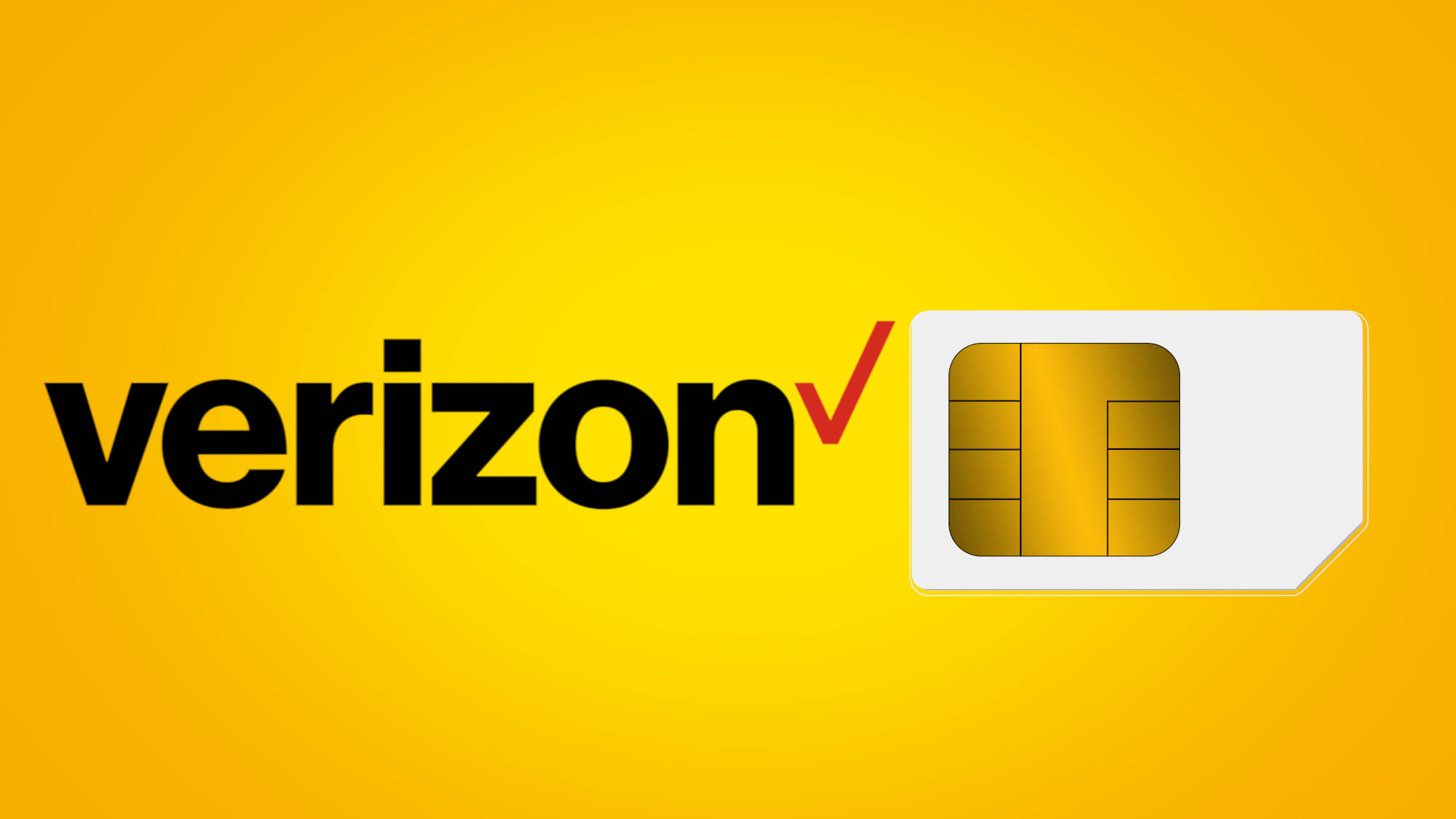 Verizon 無線計劃 SIM 卡 壁紙 — Verizon 標誌和 SIM 卡在鮮豔的黃色背景上。