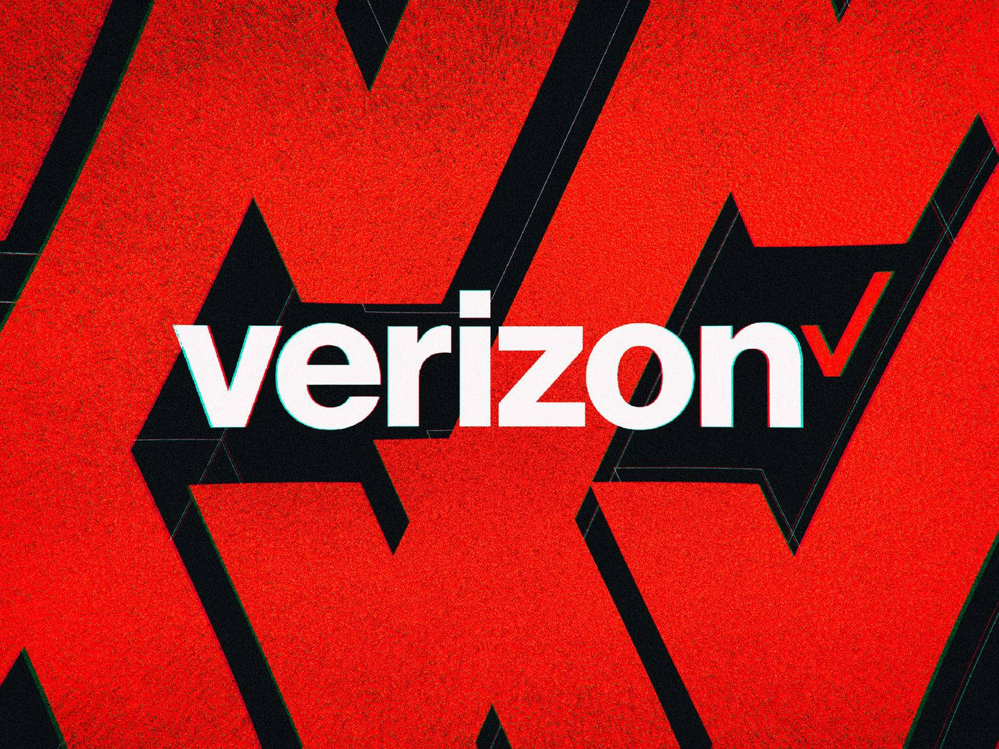Verizon 時尚紅色 壁紙 — 大膽的白色Verizon標誌居中在鮮紅色背景上，帶有黑色幾何V形和微妙的故障效果。