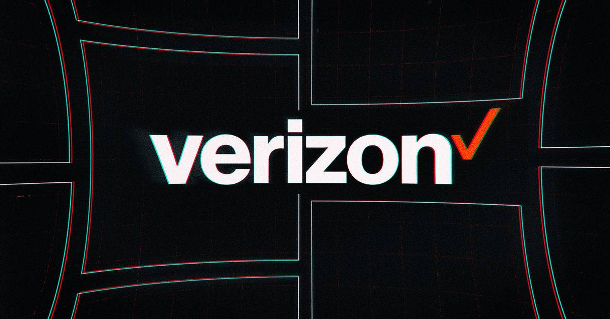 Verizon 美學標誌 壁紙 — Verizon 標誌在深色網格背景上閃爍著帶有故障效果的紅色和青色線條。
