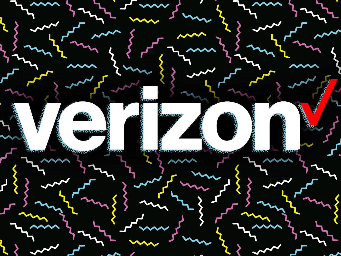 Verizon 藝術標誌壁紙 壁紙 — Verizon 標誌以粗體白色和紅色剔號顯示，背景為黑色，佈滿色彩繽紛的鋸齒形五彩紙屑圖案。