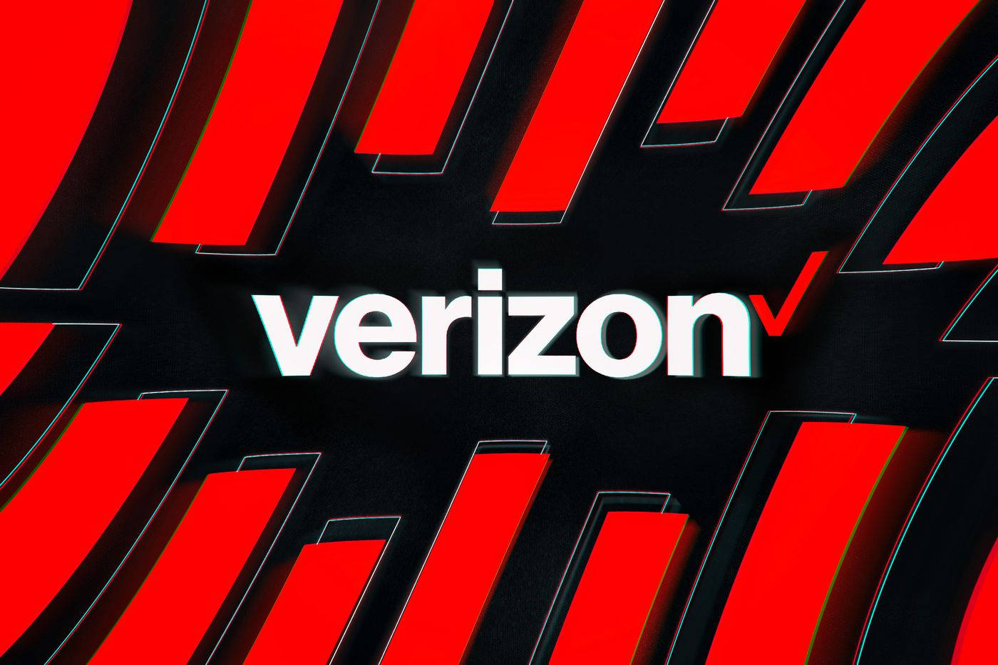 Verizon 閃爍標誌 壁紙 — 大膽的紅色和黑色幾何形狀從白色Verizon標誌向外輻射，背景為深色。