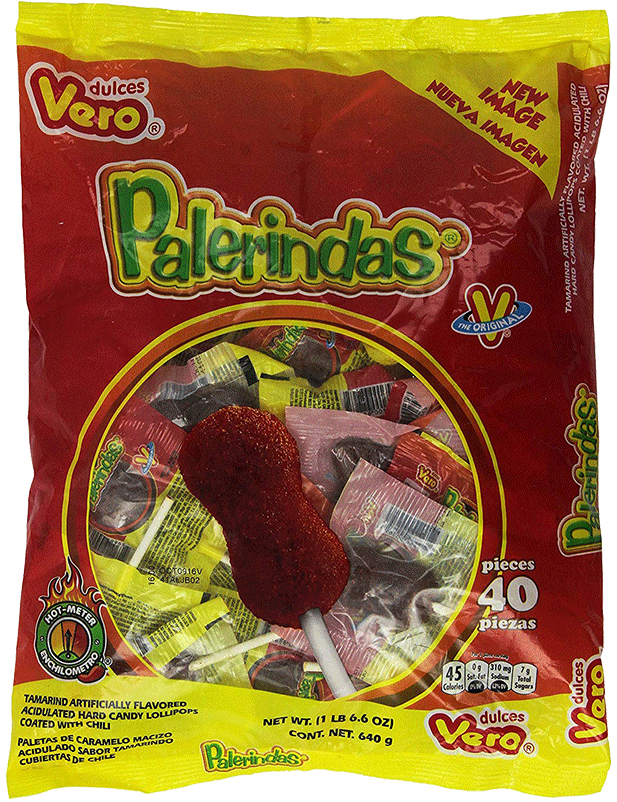 Vero Palerindas 檸檬辣椒棒棒糖包裝 壁紙 — 一袋色彩鮮豔的紅黃色 Palerindas 辣椒味硬糖棒棒糖，帶有大型紅色棒棒糖圖案。