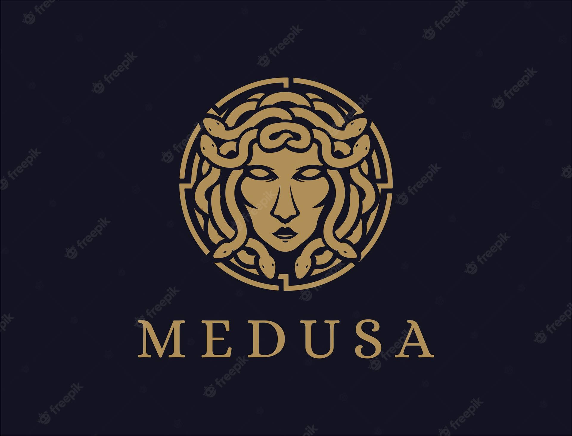 金色美杜莎標誌，帶蛇和文字MEDUSA，深色背景