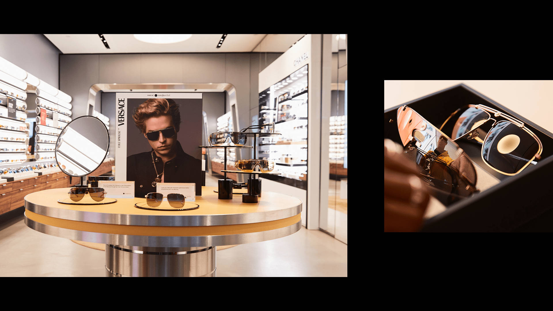 Versace 眼鏡專門店 壁紙 — 奢華Versace太陽眼鏡在現代零售店中展示，配有簡潔的陳列架和大型品牌海報。