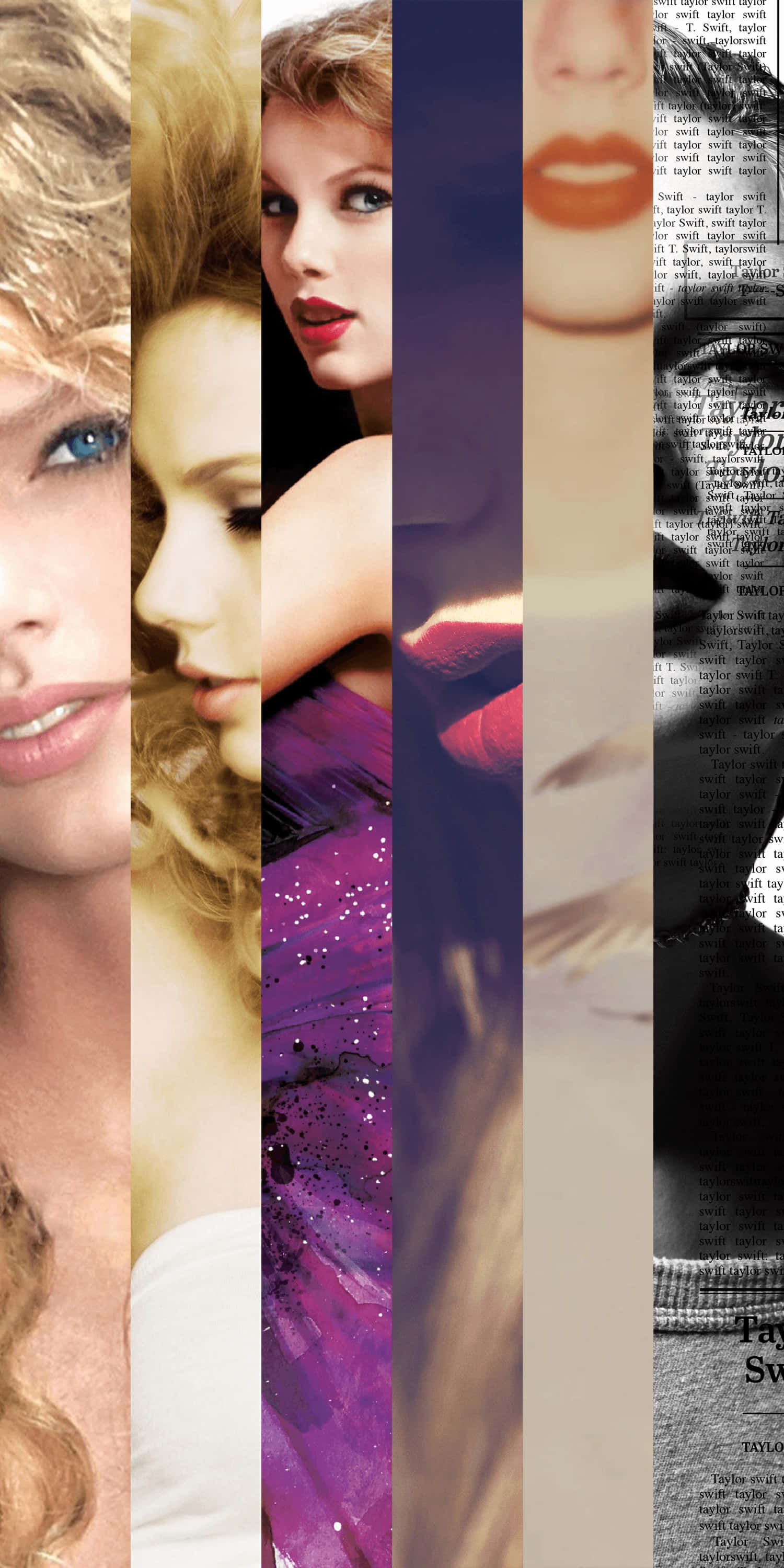 Taylor Swift Lover 桌布 壁紙 — Taylor Swift 面部各種特寫鏡頭的垂直拼貼，帶有紫色閃光布料和報紙文字疊加。