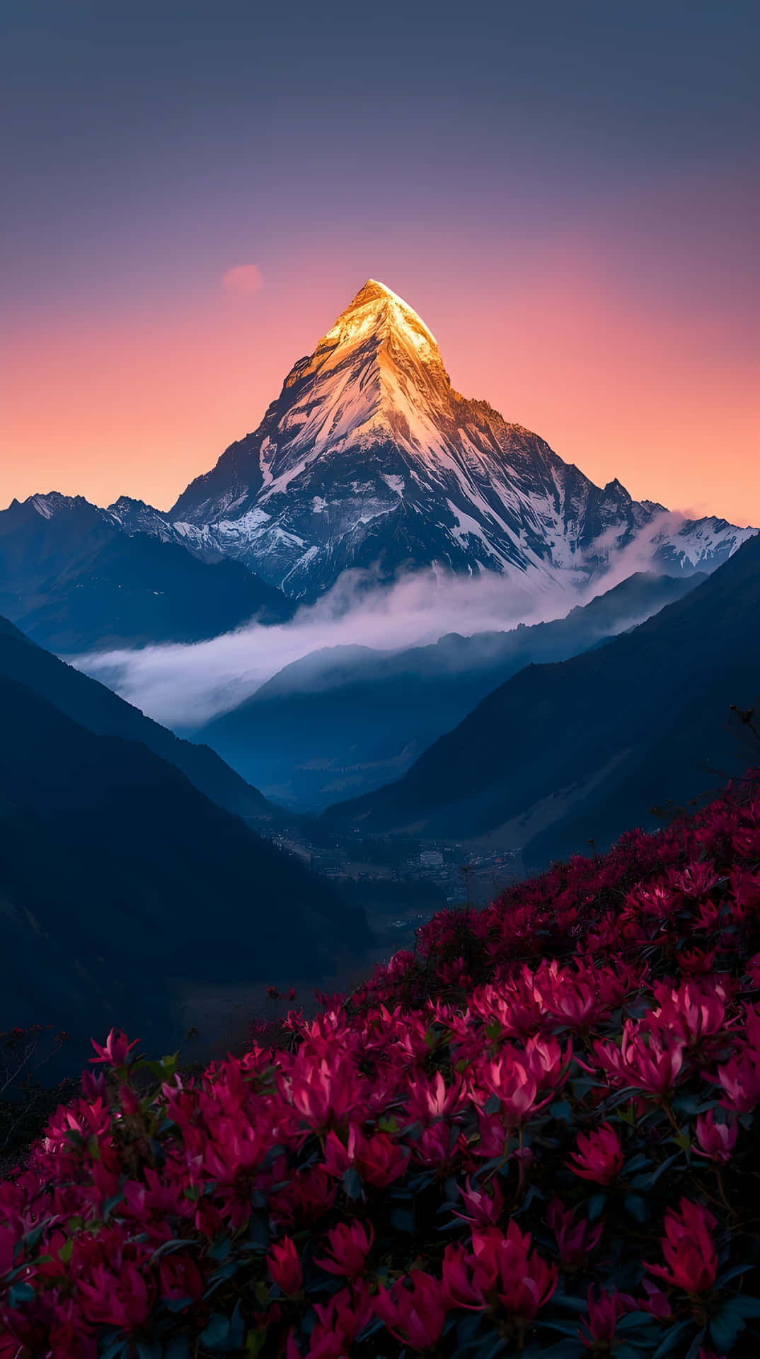 前景盛開粉紅花朵，雄偉的白雪山峰在日出時閃耀金光。