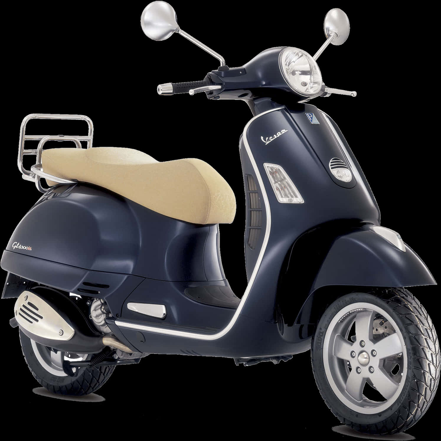 經典 Vespa 摩托車側面圖 壁紙 — 一架時尚的海軍藍色Vespa電單車，配以米色座椅和鍍鉻裝飾，在純黑色背景下孤立地展示。