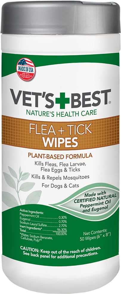 Vet's Best 跳蚤蜱蟲濕巾產品 壁紙 — 一個白色圓柱形容器，內含Vet's Best跳蚤和蜱蟲濕紙巾，帶有綠色和棕色標籤，顯示活性成分和使用說明。