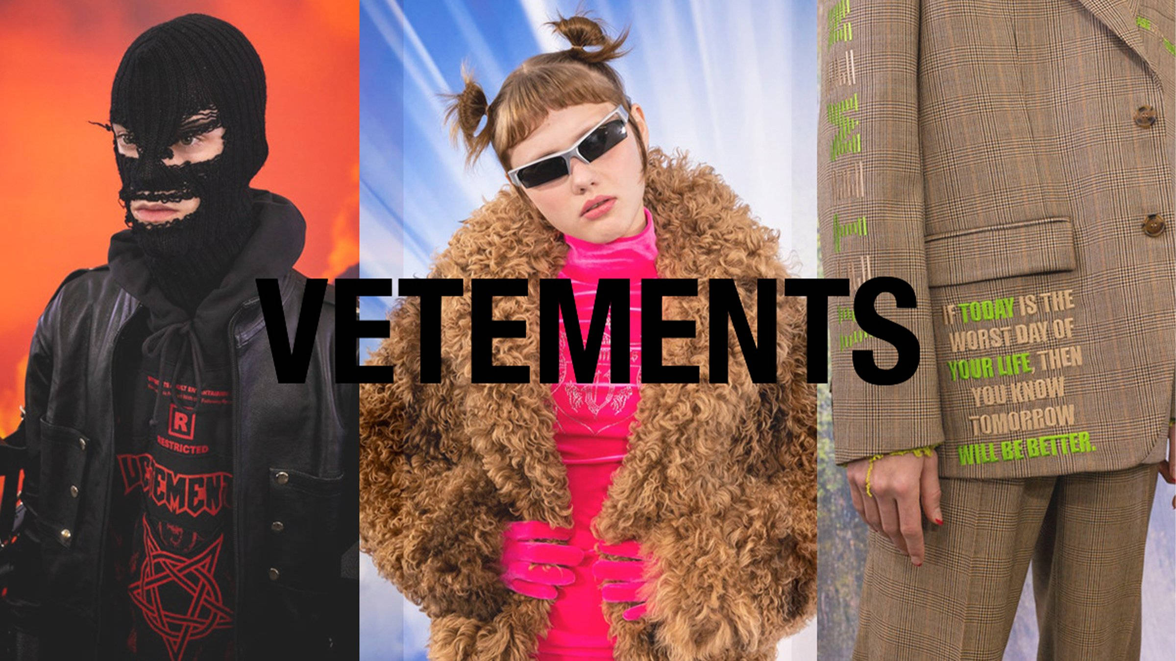 Vetements 2021 服裝週 壁紙 — 三位時裝模特兒穿著大膽的Vetements服裝，在充滿活力的背景前擺姿勢，並帶有文字疊加。