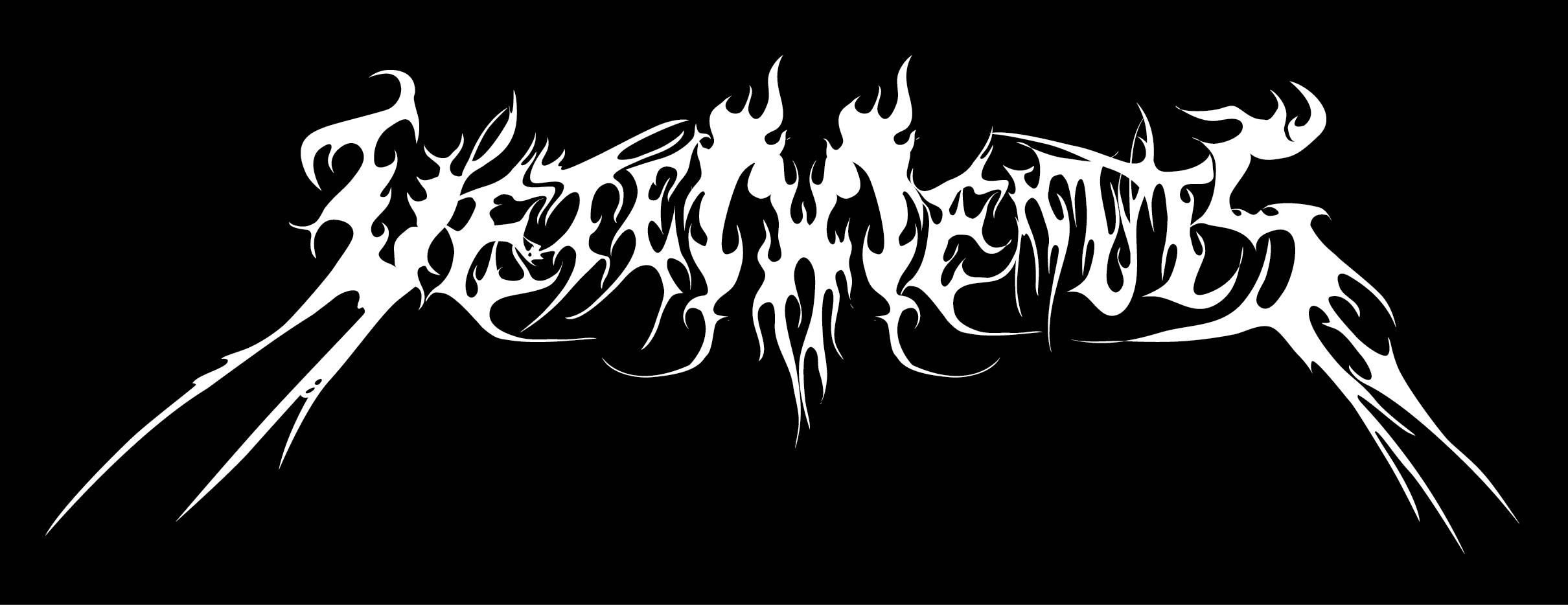 Vetements Metallica 設計 壁紙 — 黑色背景上有一個白色風格化標誌，帶有尖銳的火焰狀字母和鋸齒狀邊緣。