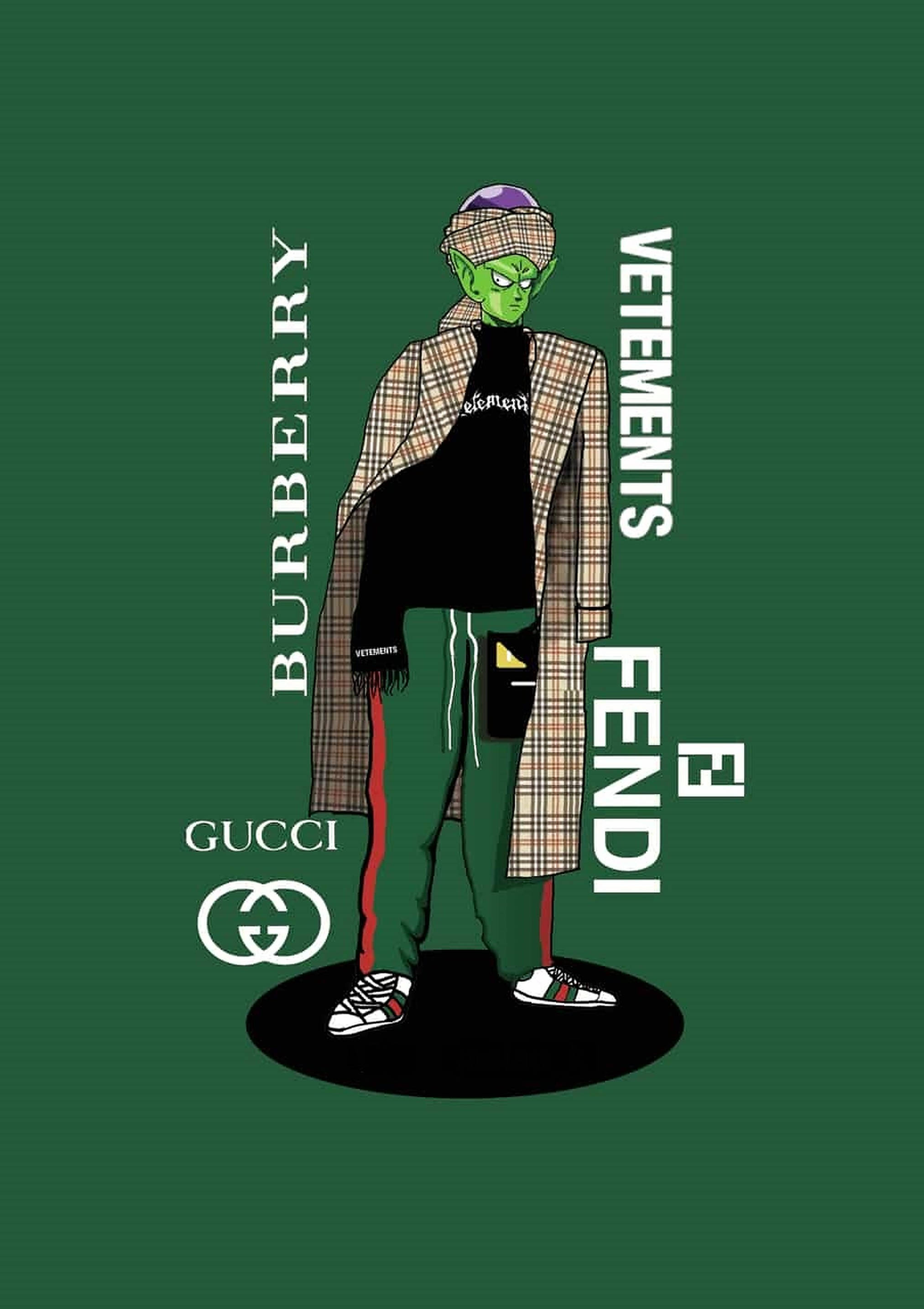 Vetements Piccolo 藝術 壁紙 — 一個綠色皮膚的外星人穿著格子外套和名牌運動鞋，站在帶有奢華時尚標誌的純綠色背景前。