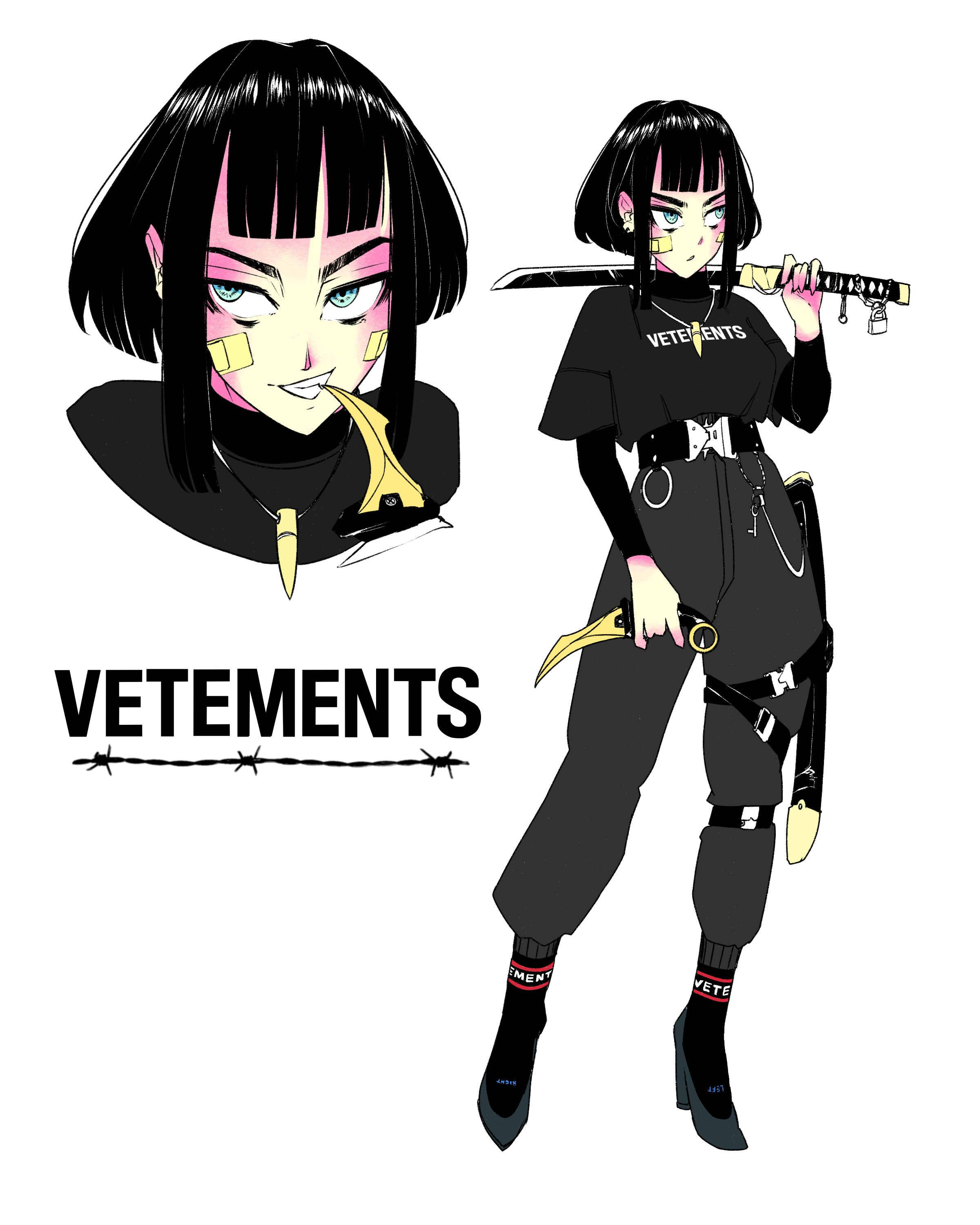 Vetements 動漫少女 壁紙 — 動畫女孩，黑色波波頭，粉紅色臉部彩繪，手持武士刀，身穿Vetements品牌服裝。
