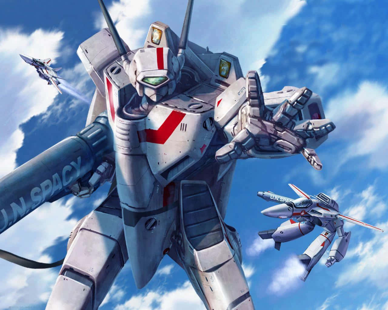 VF-1 麥克斯戰機駕駛艙內部特寫 壁紙 — 一座高聳的銀色和紅色機甲矗立在晴朗的藍天白雲中，附近有較小的戰鬥機飛過。