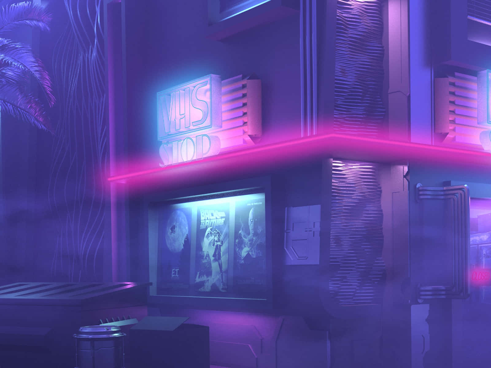 VHS帶你回憶80年代 壁紙 — 夜晚一間霓虹燈照亮的VHS商店，帶有發光的粉紅色和紫色招牌，以及ET和回到未來電影海報。