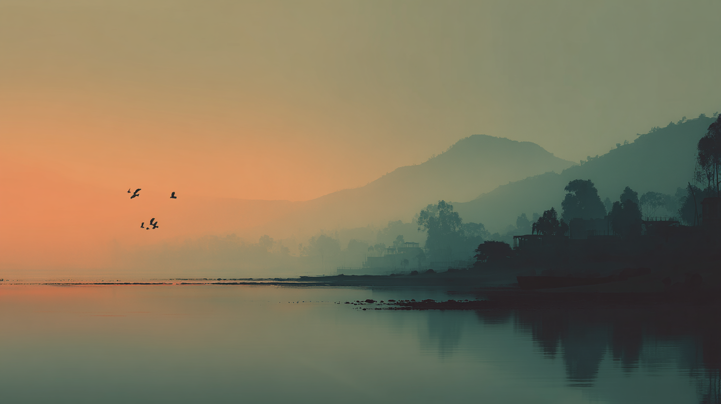 寧靜風景 VI 壁紙 — 剪影鳥兒在黎明時分飛過霧氣瀰漫的湖泊，背景是朦朧的山巒和樹木。