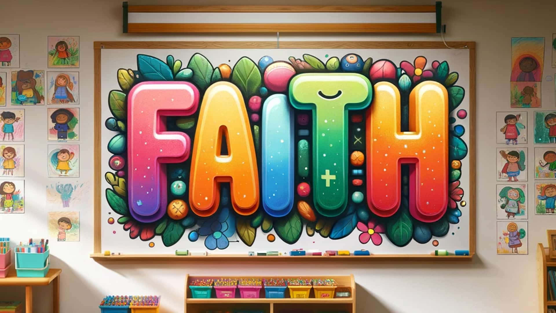  壁紙 — 色彩繽紛的3D字母拼出FAITH，點綴在教室的白板上，周圍環繞著兒童藝術作品和彩色用品。