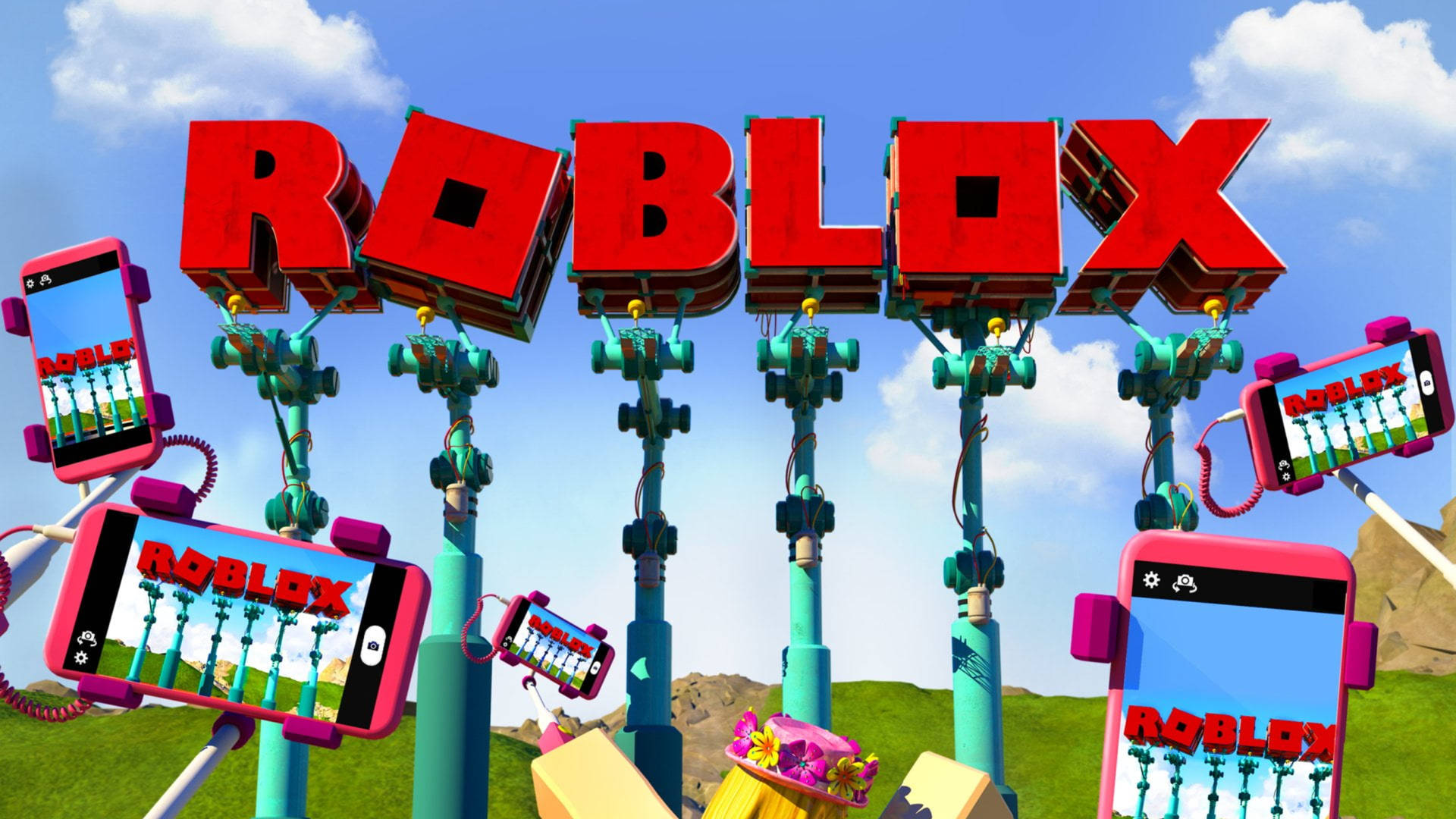 Roblox 標誌由彩色柱子支撐，手機顯示遊戲