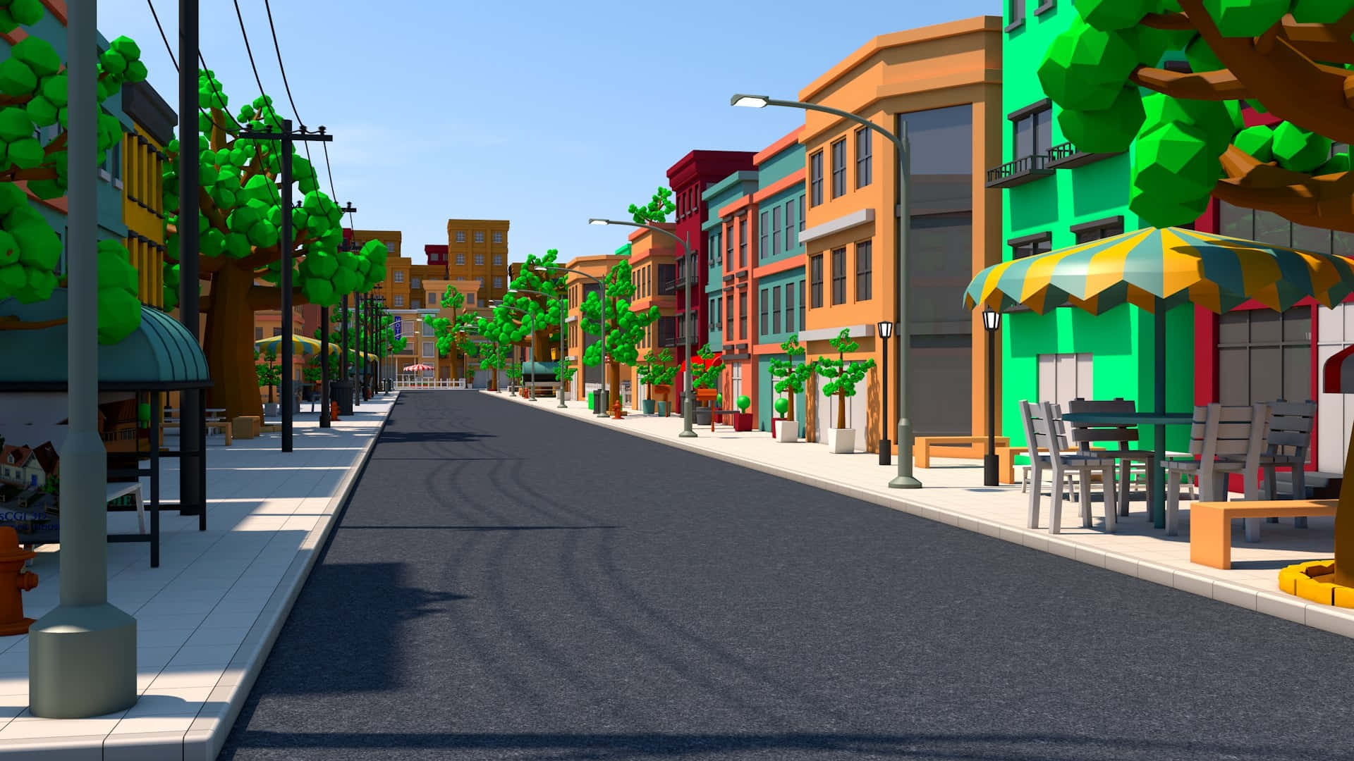  壁紙 — 充滿活力的3D渲染街景，色彩繽紛的低多邊形建築、綠樹和戶外咖啡座，在晴朗的藍天下。