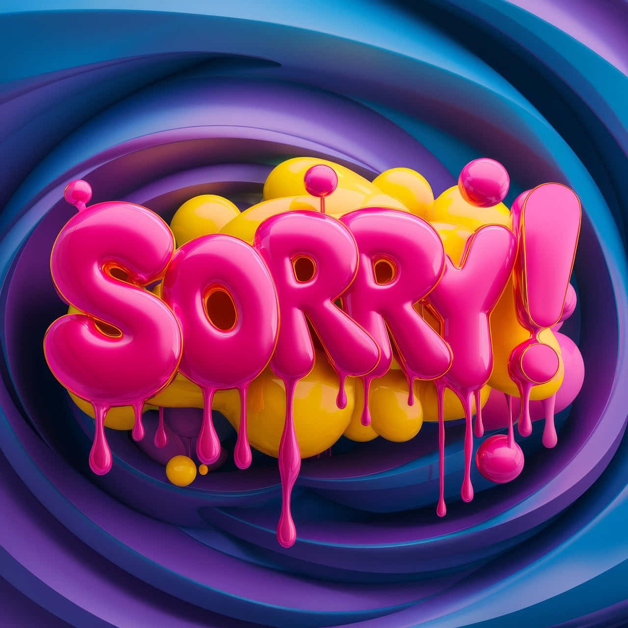  壁紙 — 鮮豔的3D渲染單詞「SORRY」，粉紅色和黃色油漆滴落在旋轉的藍色和紫色漩渦背景上。