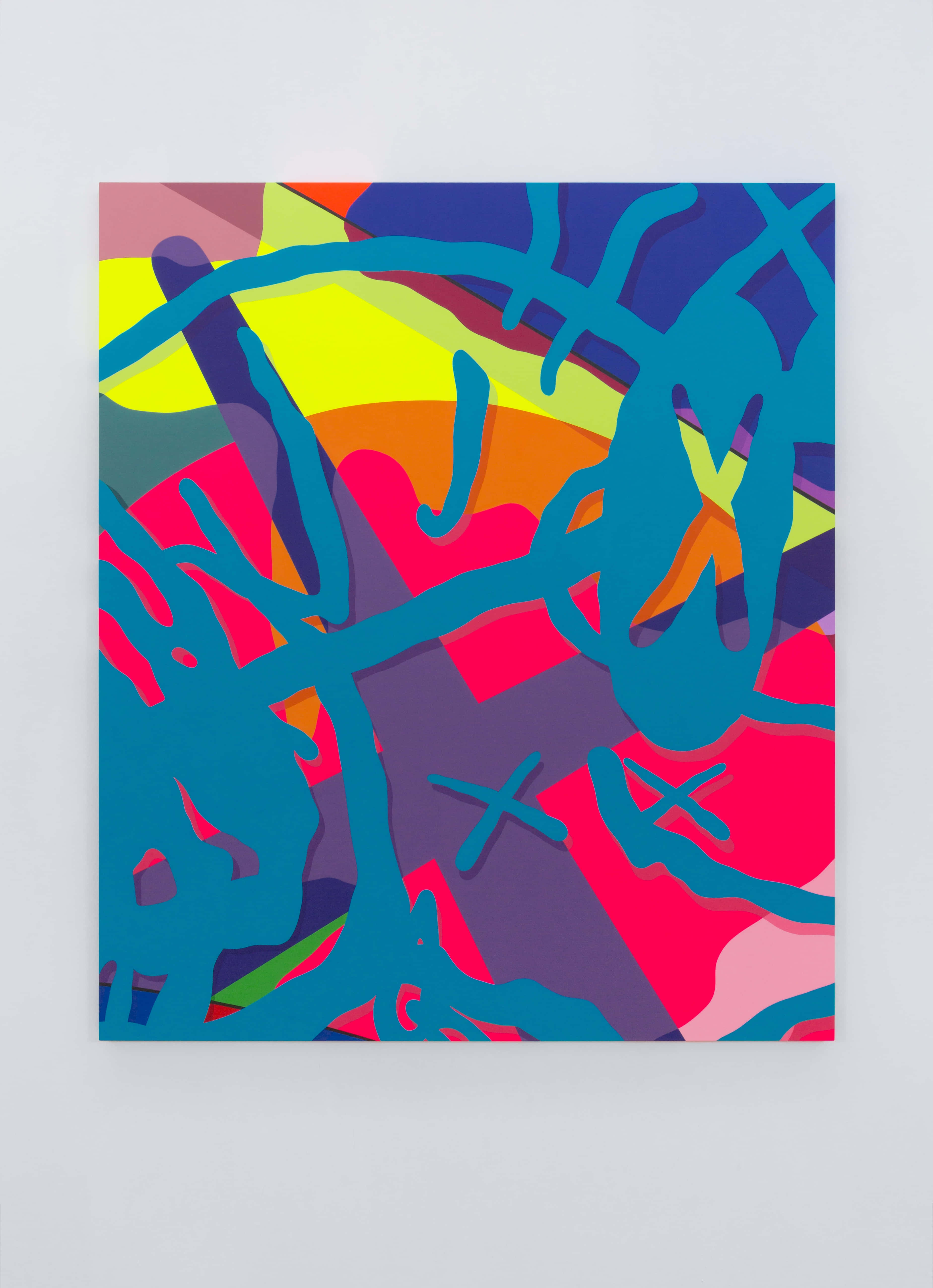我的創意靈感聖地——KAWS 藝術作品 壁紙 — 充滿活力的抽象藝術品，在白色牆壁上帶有粗獷的藍色筆觸和鮮豔的粉紅色、黃色、橙色形狀。