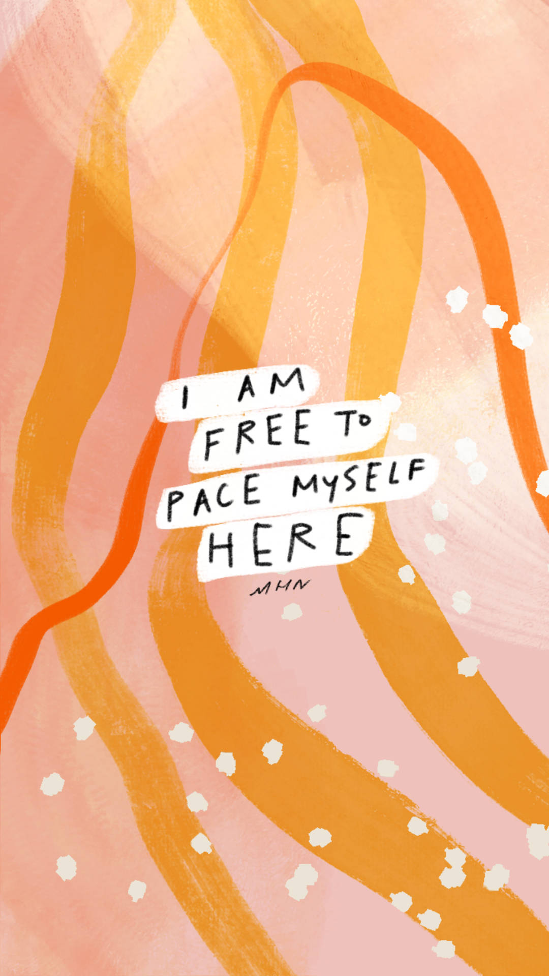 抽象藝術，帶有橙色粉紅色漩渦和文字 I am free to pace myself here