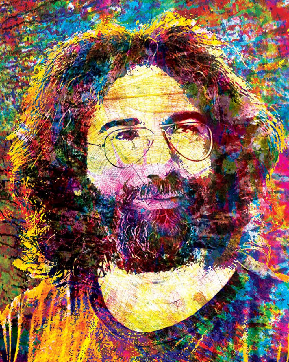  壁紙 — 一幅充滿活力的抽象肖像畫，描繪一位戴眼鏡的鬍鬚男，以旋轉的多色筆觸呈現。
