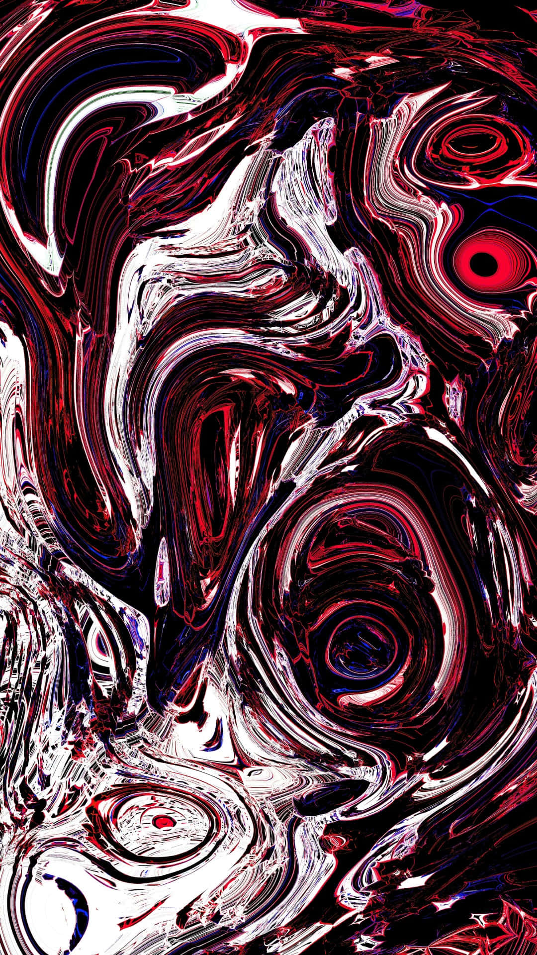  壁紙 — 紅、白、黑的鮮豔抽象漩渦，搭配發光的圓形點綴，營造出動態流動感。