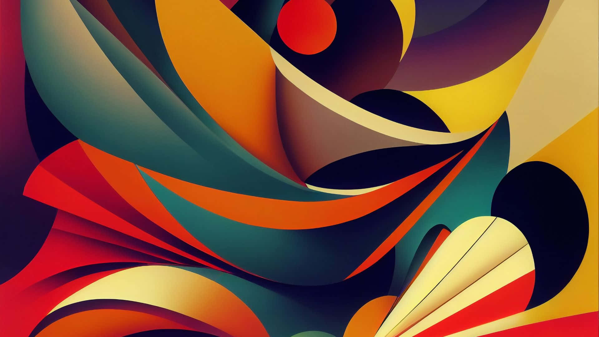  壁紙 — 紅色、橙色、藍綠色和金色的鮮豔抽象漩渦，營造出動態流暢的構圖，具有大膽的曲線和層次深度。