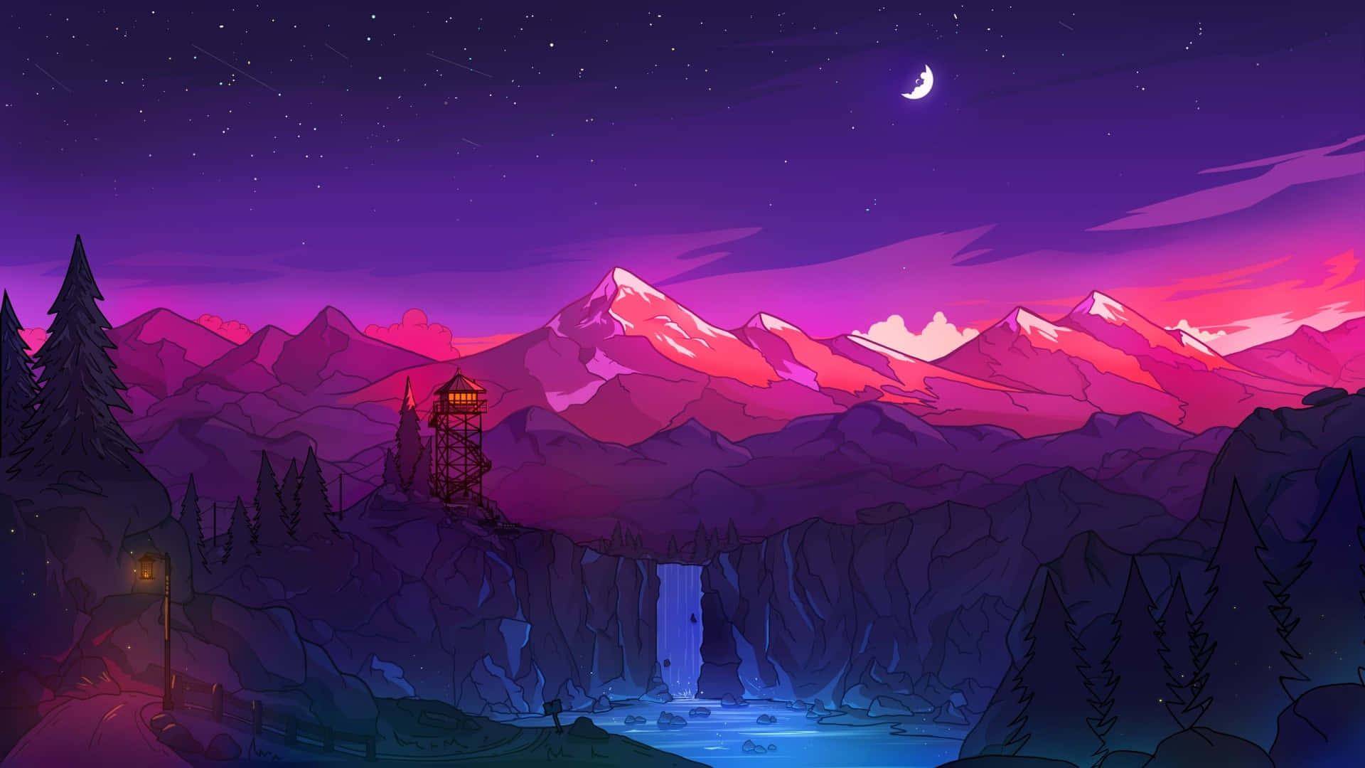  壁紙 — 一個充滿活力的動畫黃昏場景，白雪覆蓋的山峰在彎月和繁星點點的紫色天空下閃耀著粉紅色。