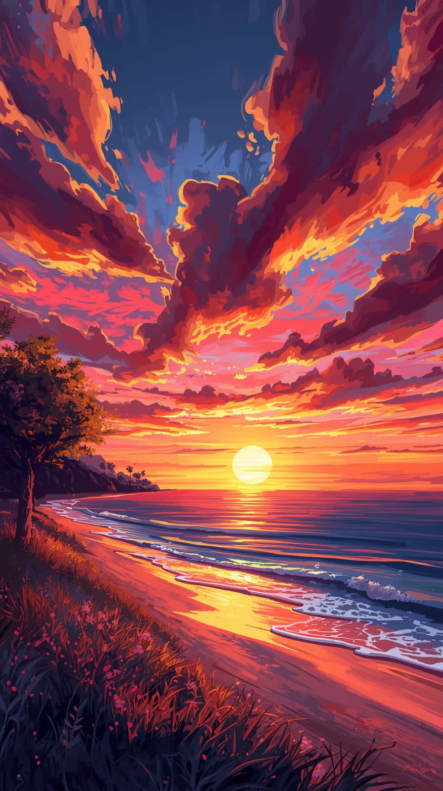 夕陽映照海洋，海浪拍打沙灘，旁邊有一棵樹。