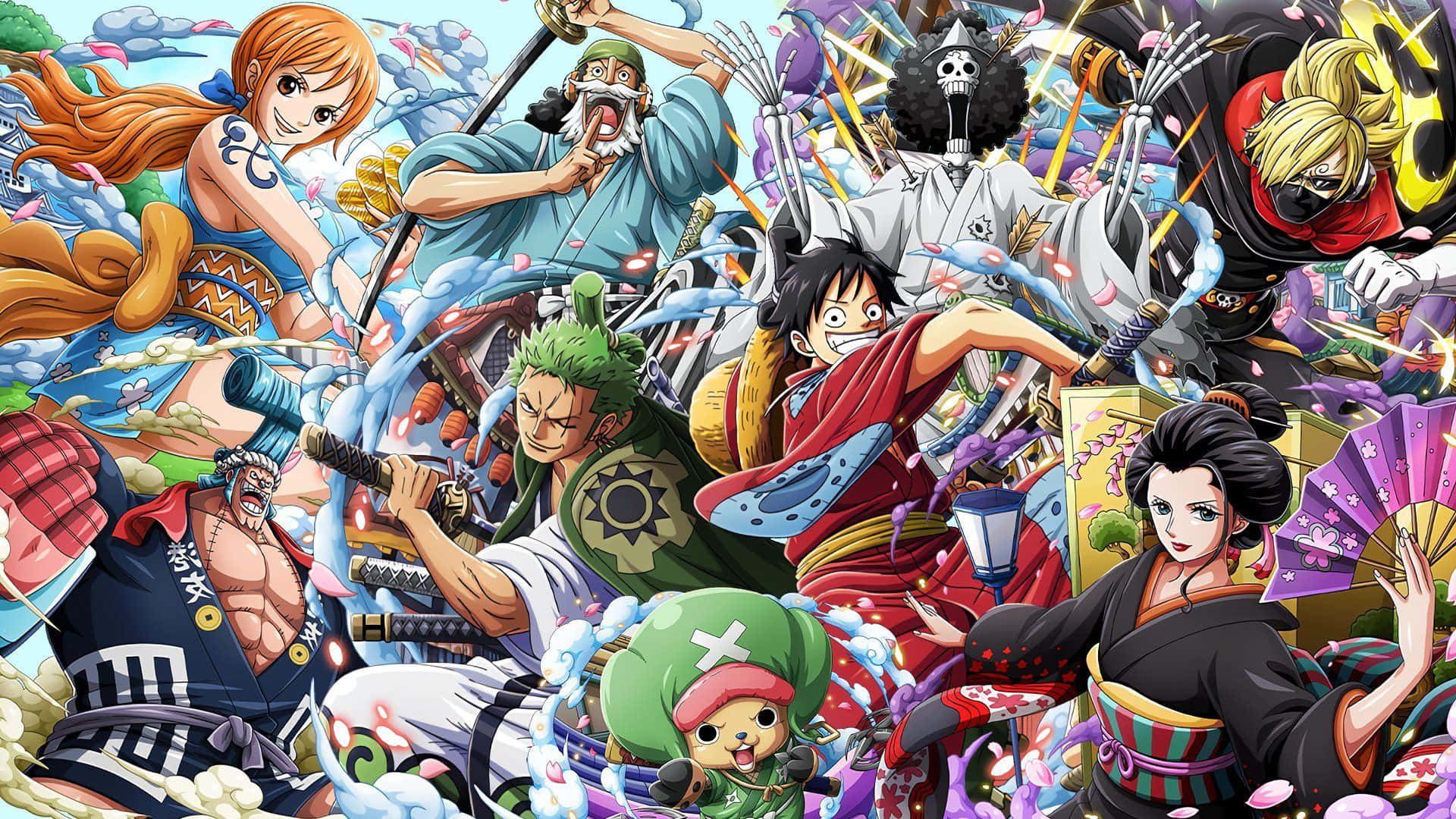 《One Piece》動漫角色以動態動作姿勢搭配色彩繽紛的背景。